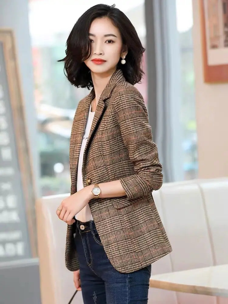 Blazer feminino xadrez marrom Estilo Coreano