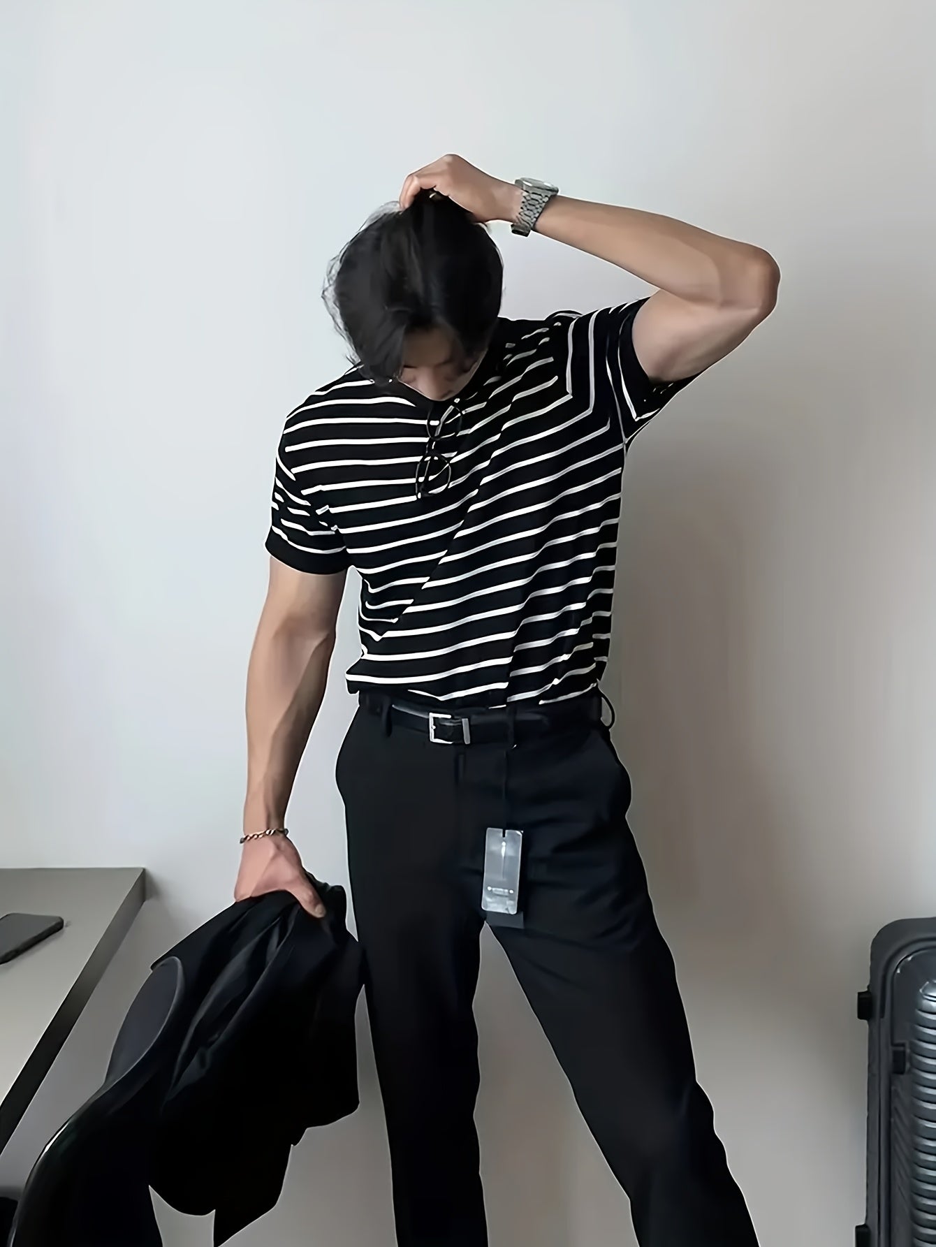 Camisa de malha listrada, manga curta Cross-Border