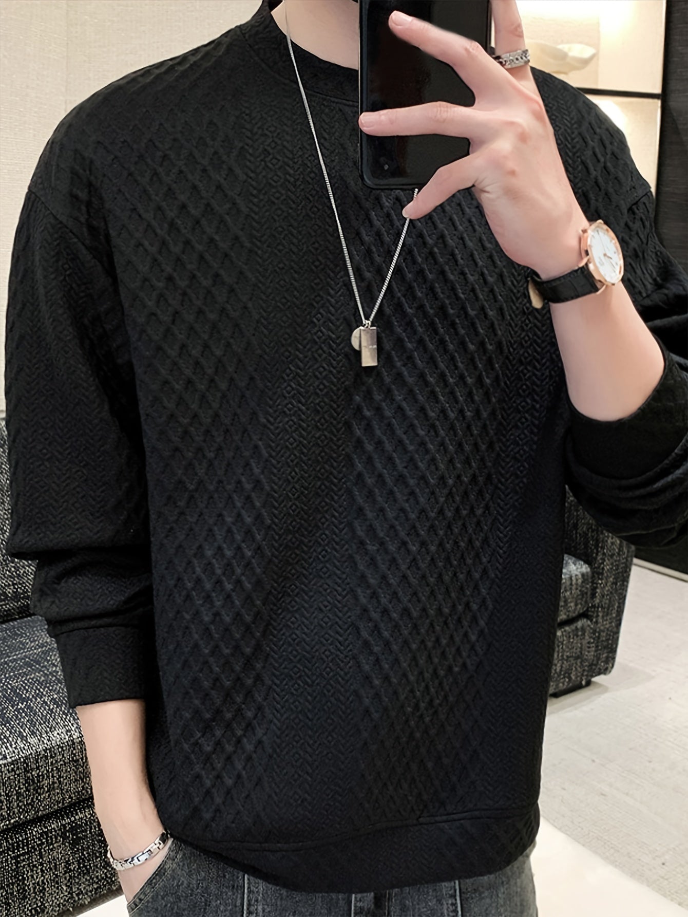 Camisa de malha casual masculino - manga comprida, gola redonda, texturizado