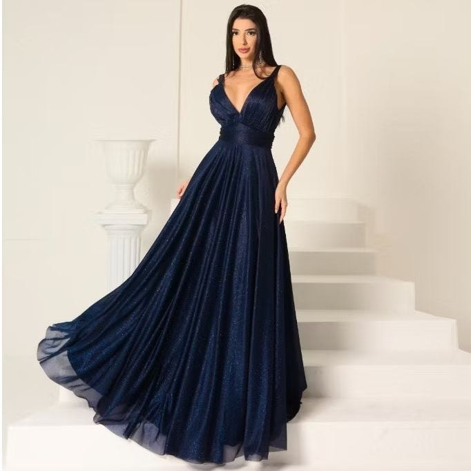 Vestido de Festa Longo Azul Marino Tecido Tuli com Brilho Festas/Foormatura Possoi Bojo,Ziper,Forro Veste M 38-40 G40-42