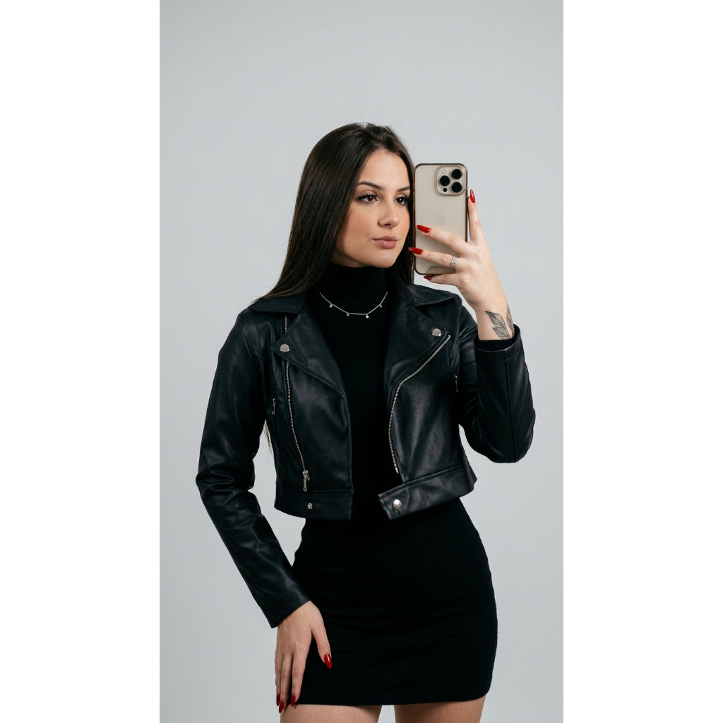 Jaqueta Feminina Couro Fake Preta Estilo Motoqueira Com Zíper Moda Inverno Blogueira