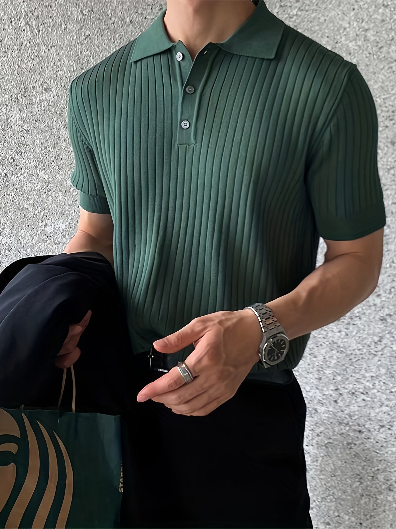 Camisa Polo malha canelada de cor sólida masculino - Top de malha de manga curta