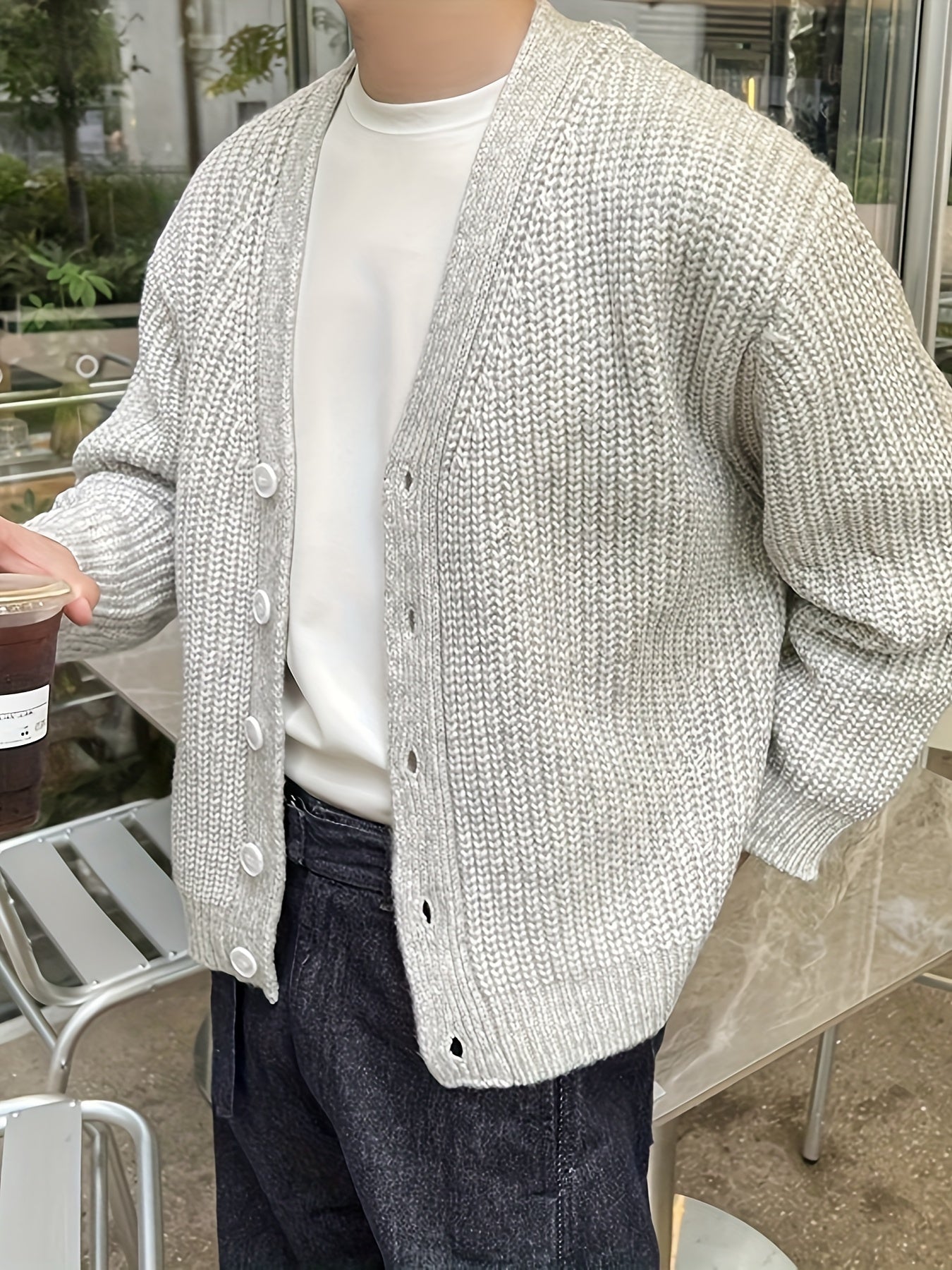 Cardigan elegante de malha solta e sólida casual
