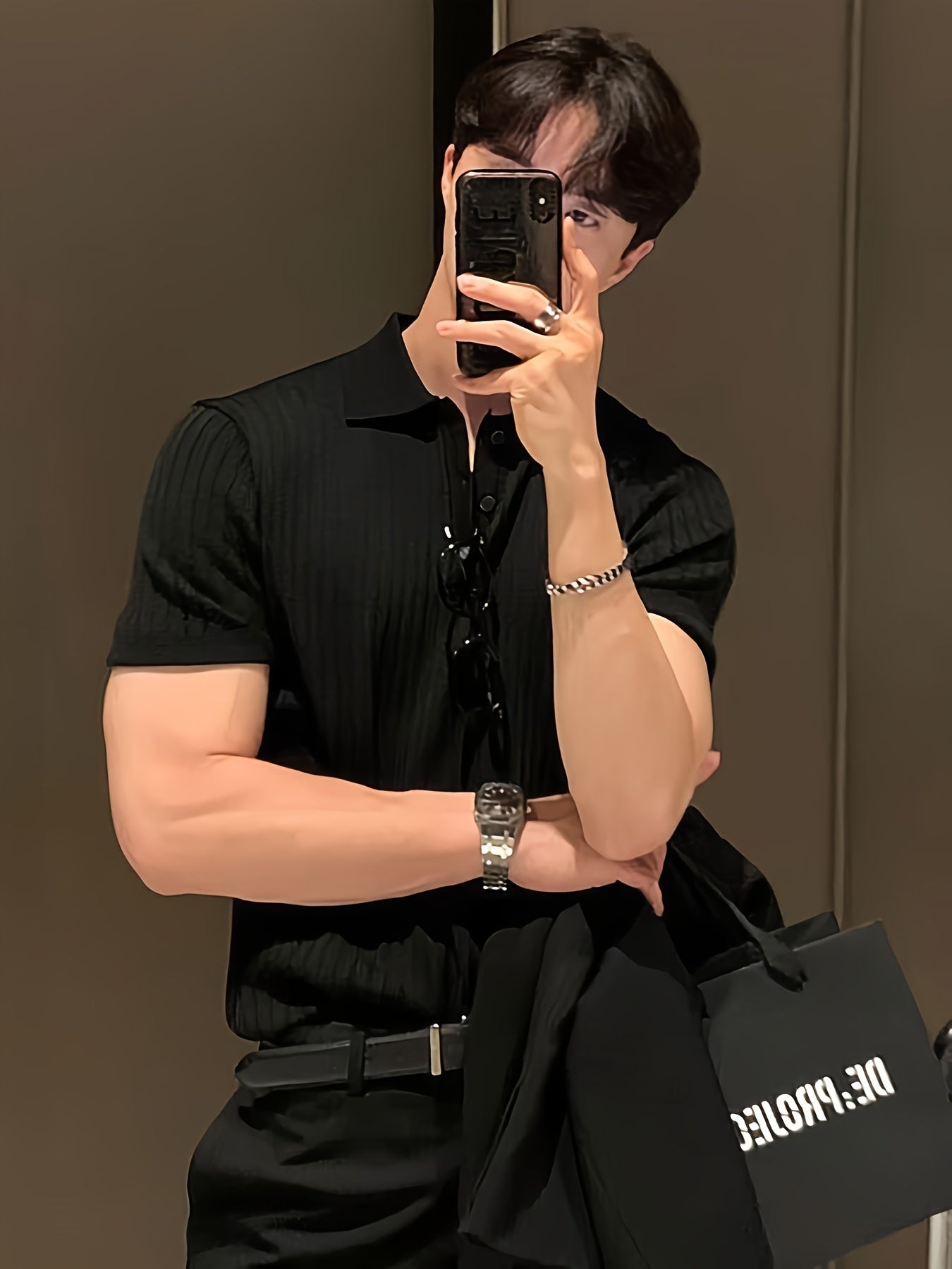 Camisa Polo malha canelada de cor sólida masculino - Top de malha de manga curta