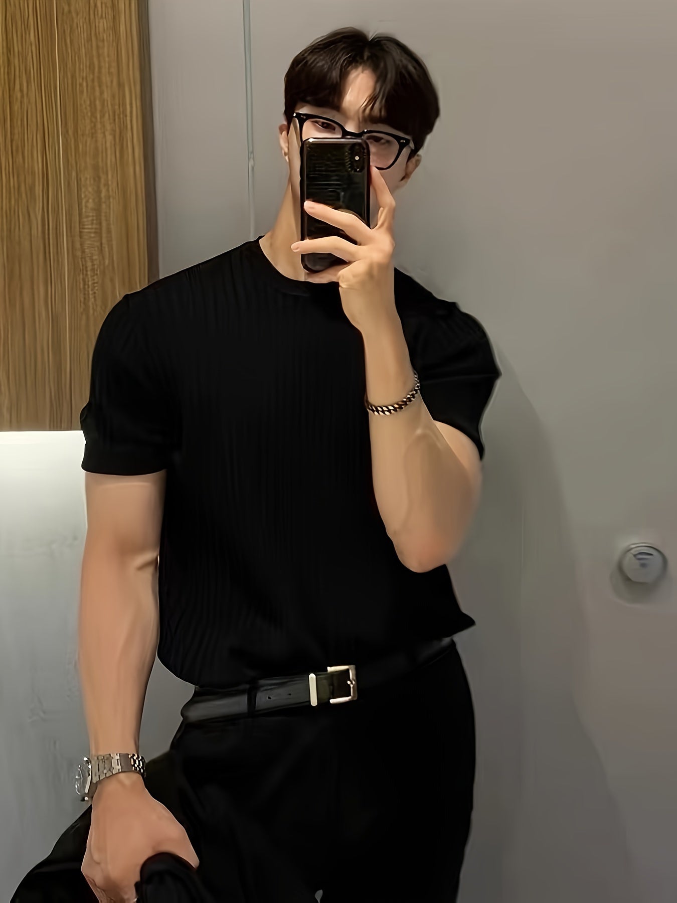 Camisa Suéter de malha masculino liso com gola redonda