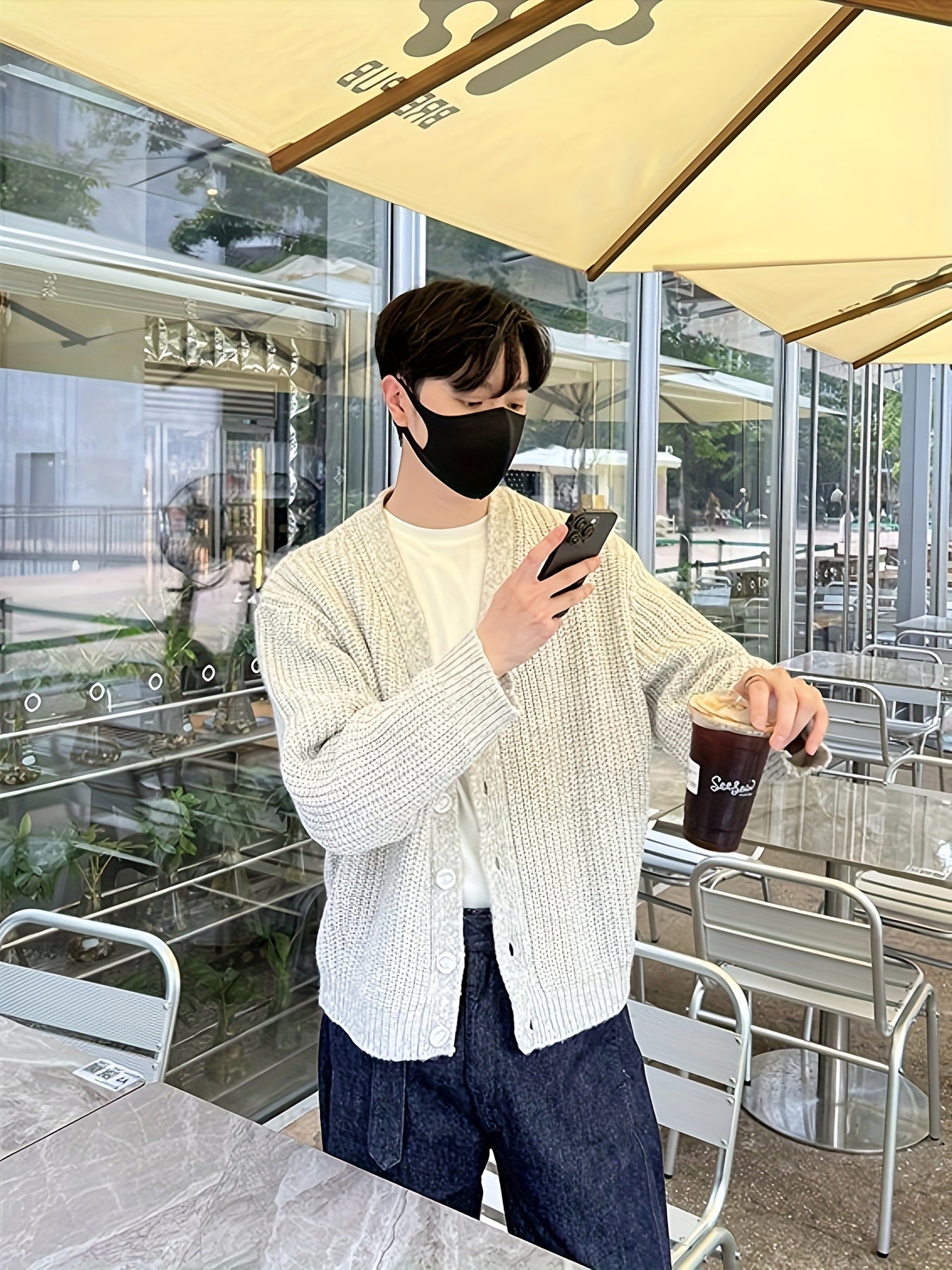 Cardigan elegante de malha solta e sólida casual