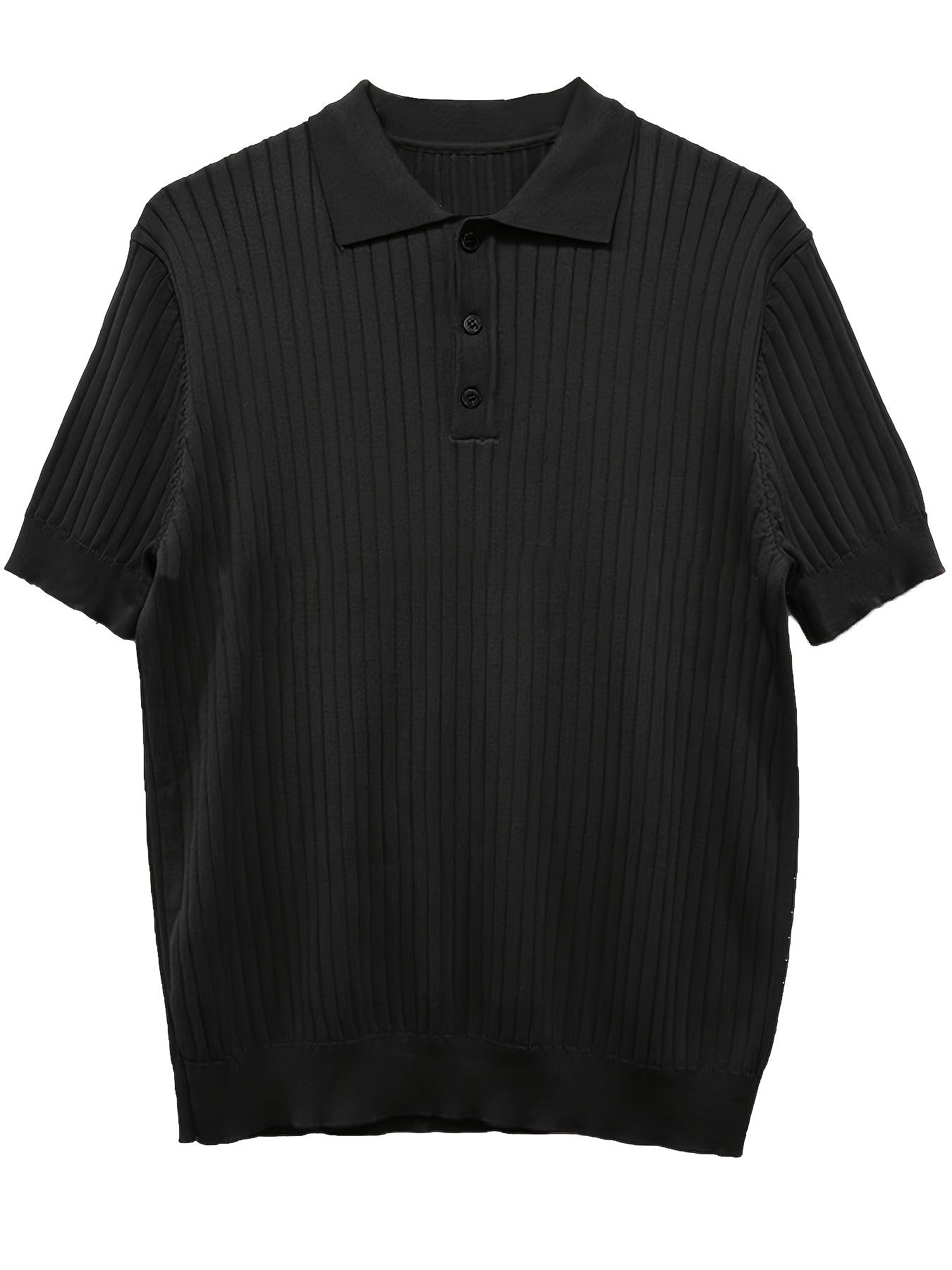 Camisa Polo malha canelada de cor sólida masculino - Top de malha de manga curta