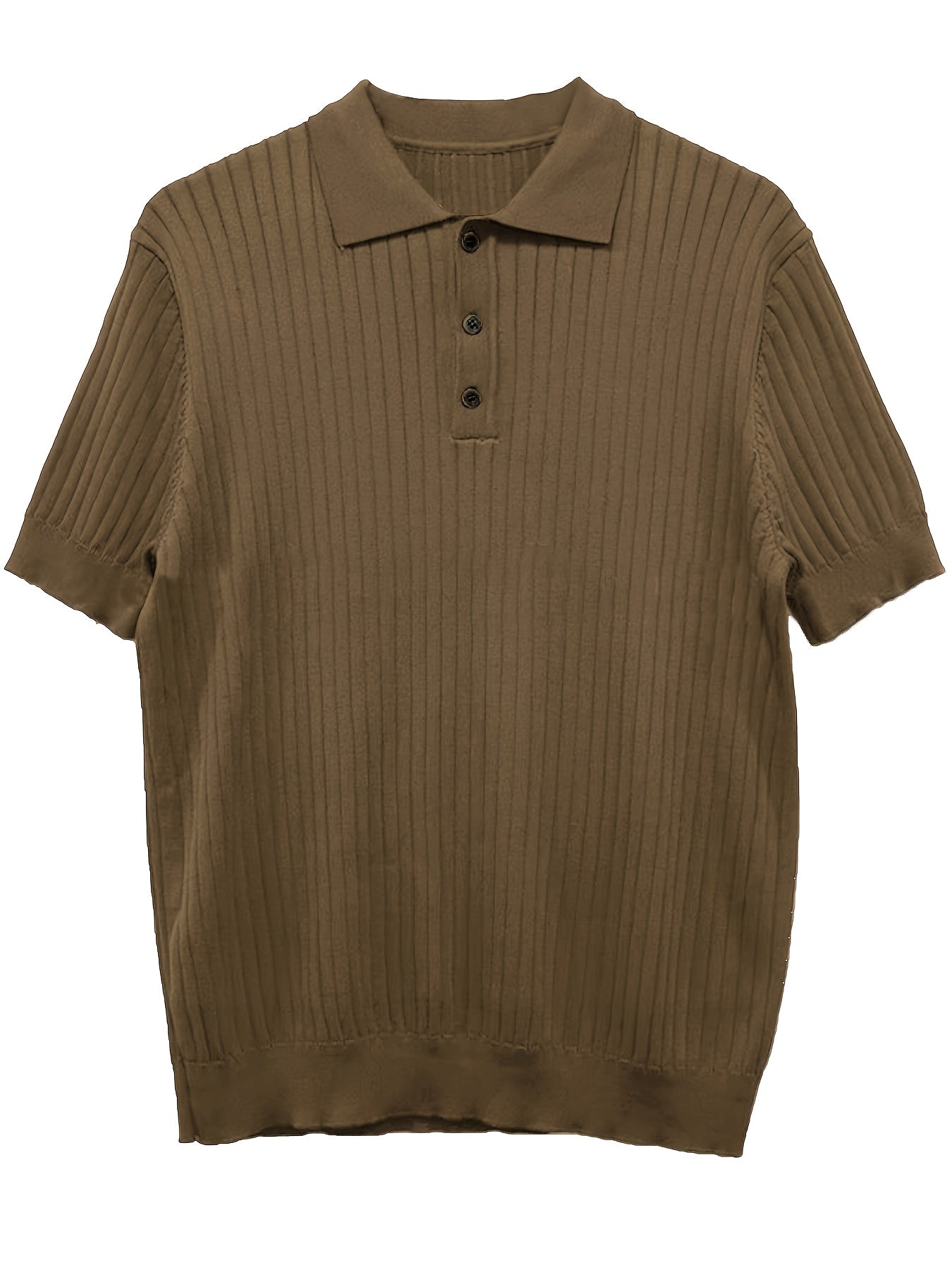 Camisa Polo malha canelada de cor sólida masculino - Top de malha de manga curta