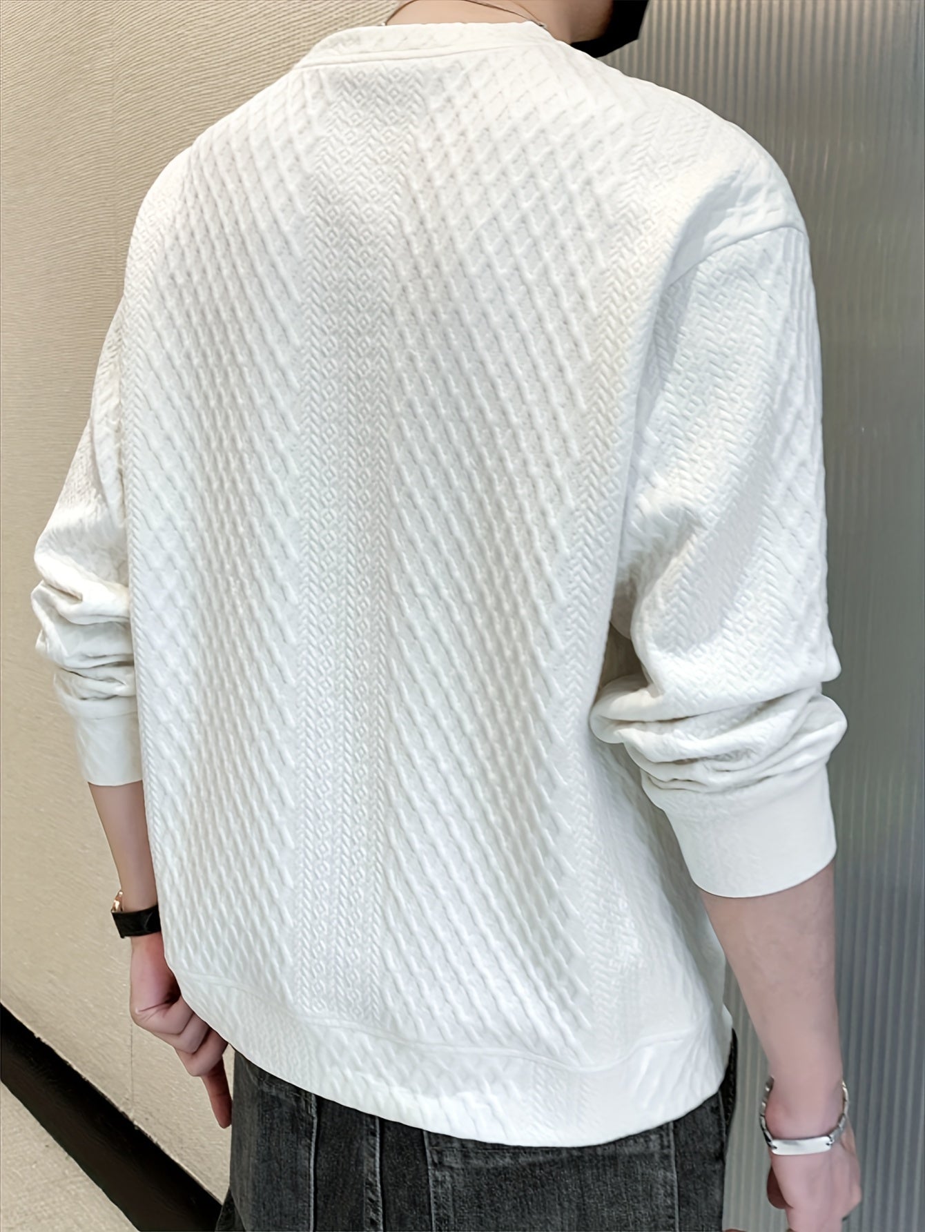 Camisa de malha casual masculino - manga comprida, gola redonda, texturizado