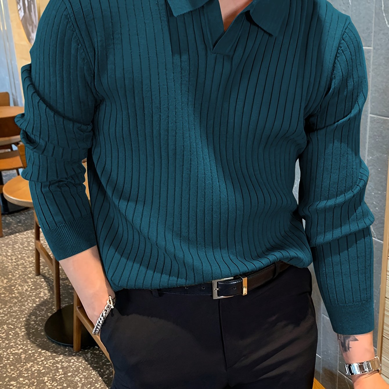 Camisa de malha suéter masculino casual com lapela e decote em V