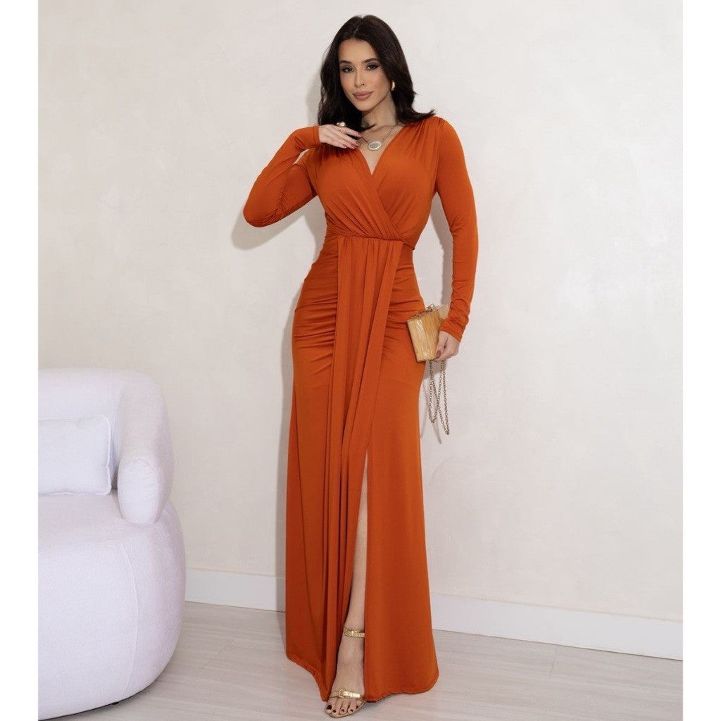 Vestido festa manga longa drapeado com fenda casamento madrinha