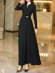 Vestido de manga comprida com decote em V, corte slim, cintura justa