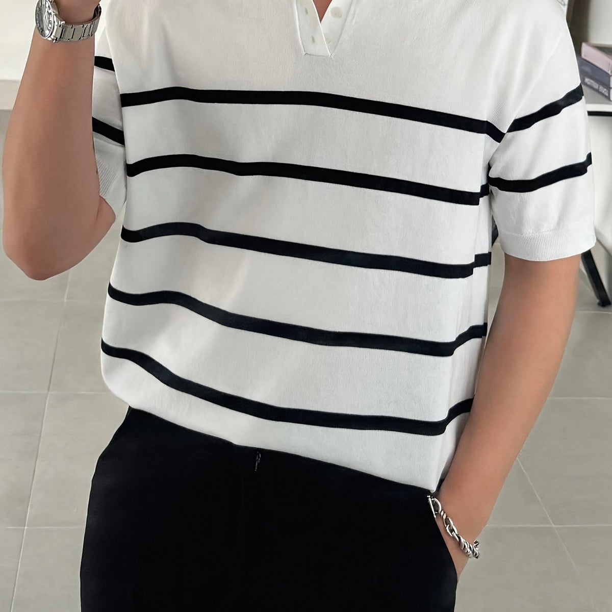 Polo de malha manga curta com gola listrada masculina