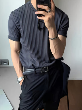 Camisa Suéter de malha masculino liso com gola redonda
