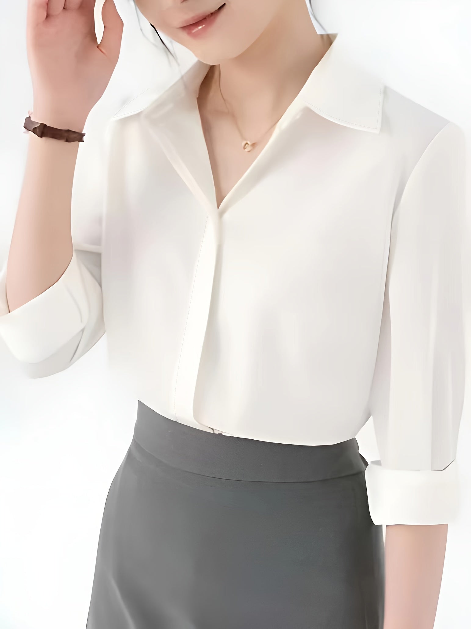 Camisa de botão frontal ,elegante de lapela de  manga comprida