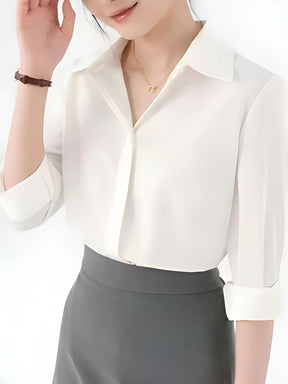Camisa de botão frontal ,elegante de lapela de  manga comprida