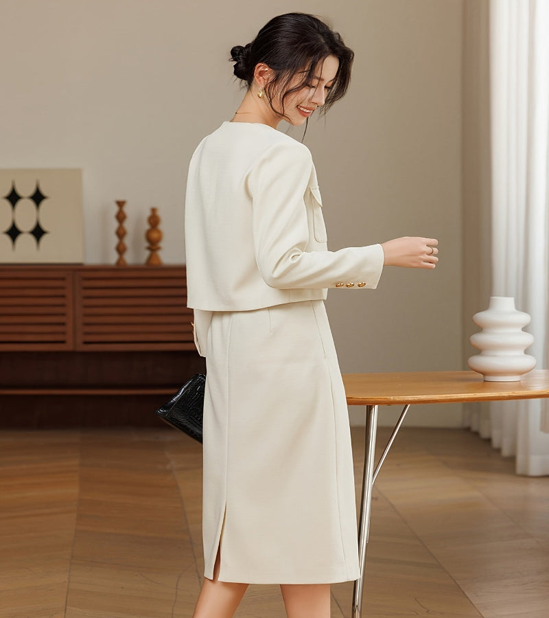 Conjunto Feminino Casaco Curto e Saia de Cintura Alta – Elegância e Sofisticação para Todas as Ocasiões