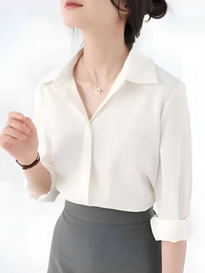 Camisa de botão frontal ,elegante de lapela de  manga comprida