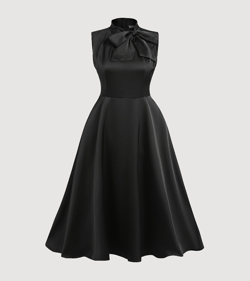 Look Quando telefone toca – Vestido midi preto com gola de laço