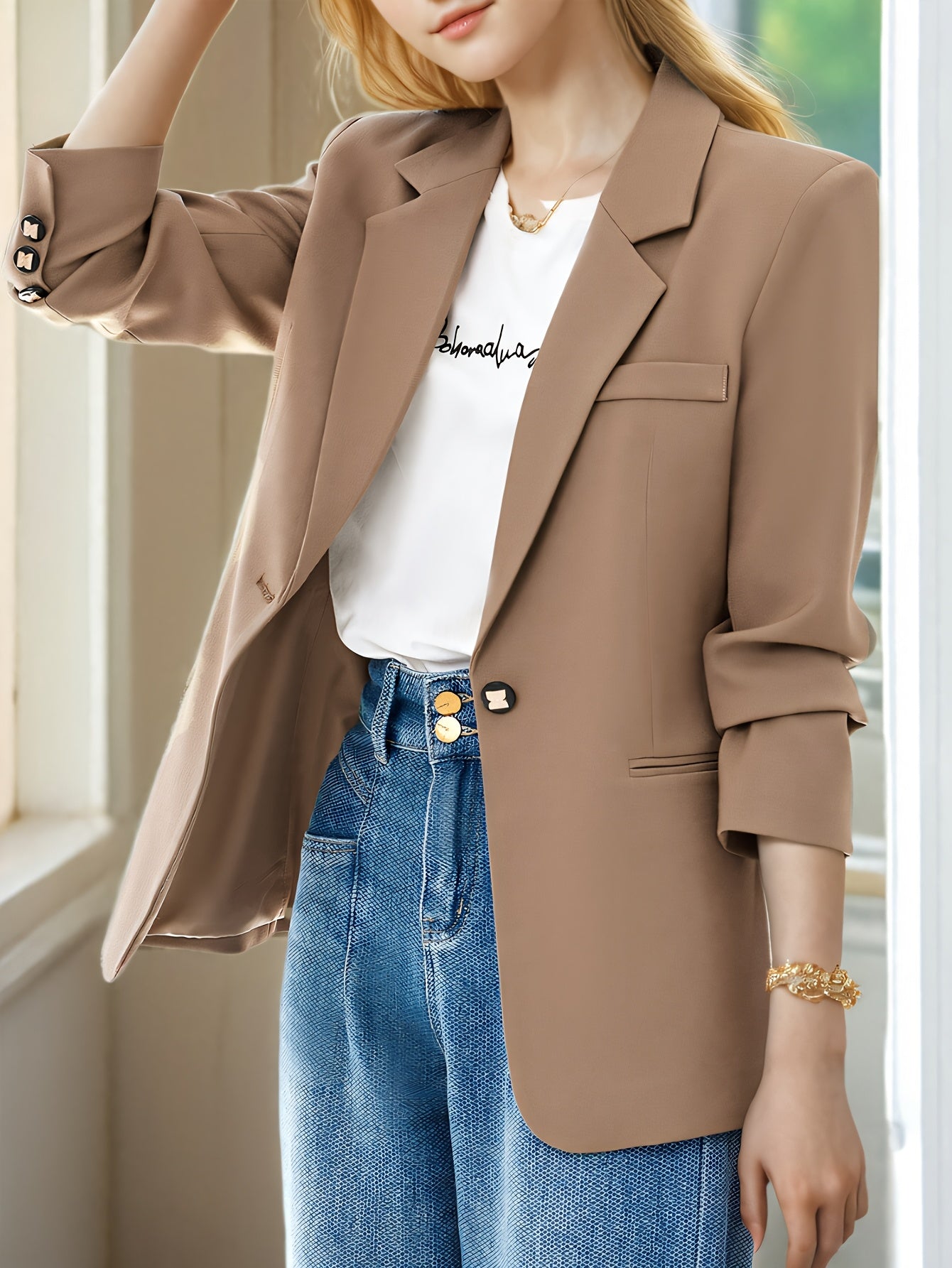 Blazer elegante feminino - ajuste fino chique, manga longa