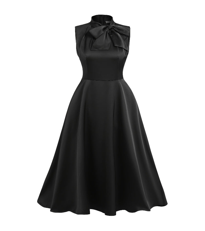 Look Quando telefone toca – Vestido midi preto com gola de laço