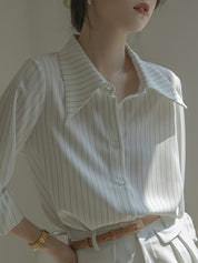 Camisa de manga comprida listrada, gola de lapela