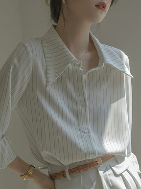 Camisa de manga comprida listrada, gola de lapela