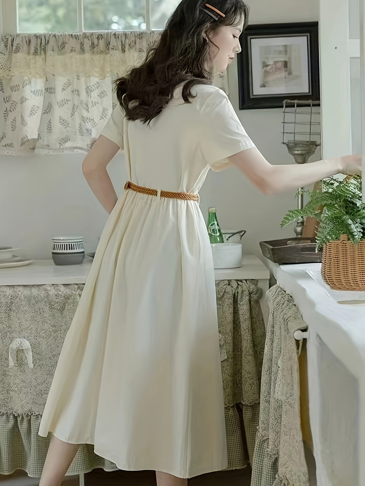 Vestido midi estilo preppy feminino com cinto