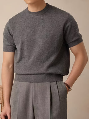 Camiseta de malha casual masculina de manga curta - ajuste folgado, gola redonda