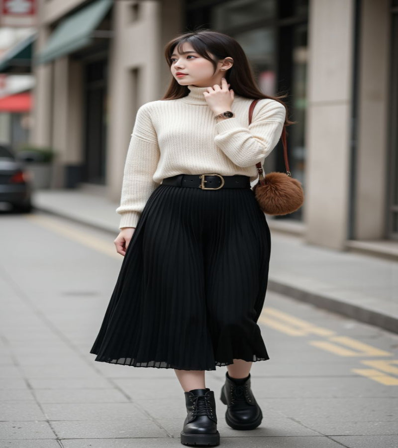 Look Inverno Coreano  –  Suéter Gola Alta Casual + Saia Elanca Plissada Midi