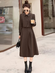 Conjunto elegante de duas peças - Vestido de manga comprida com bainha assimétrica e camisa