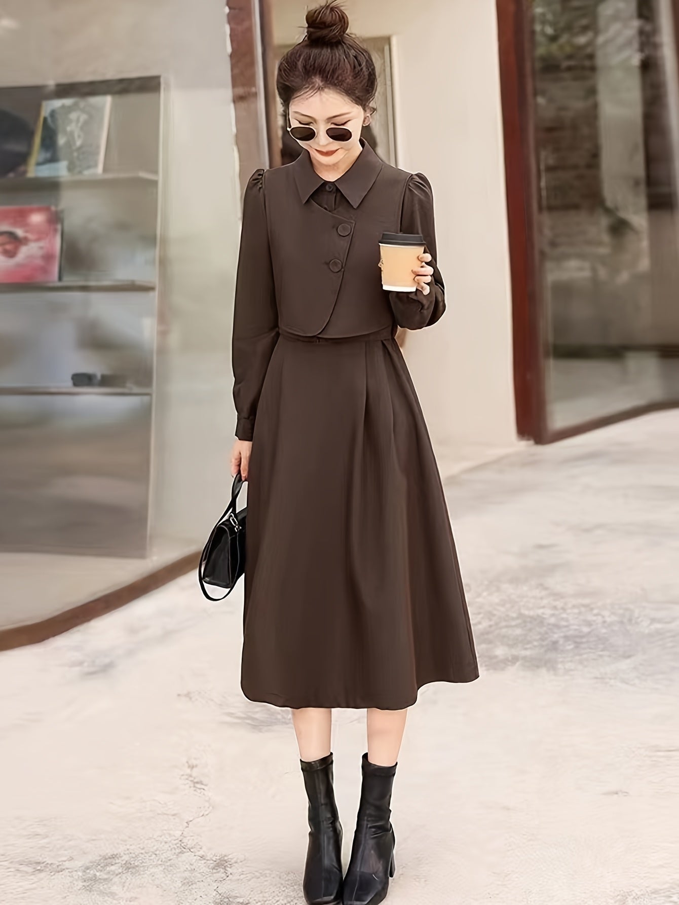 Conjunto elegante de duas peças - Vestido de manga comprida com bainha assimétrica e camisa