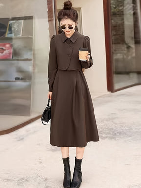 Conjunto elegante de duas peças - Vestido de manga comprida com bainha assimétrica e camisa