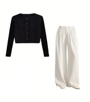 Look Coreano Outono/Inverno – Conjunto Elegante com Blusa de Manga Longa e Calça Casual Bege