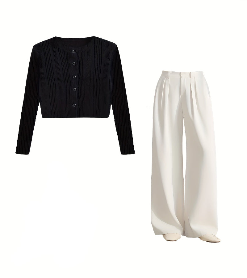 Look Coreano Outono/Inverno – Conjunto Elegante com Blusa de Manga Longa e Calça Casual Bege