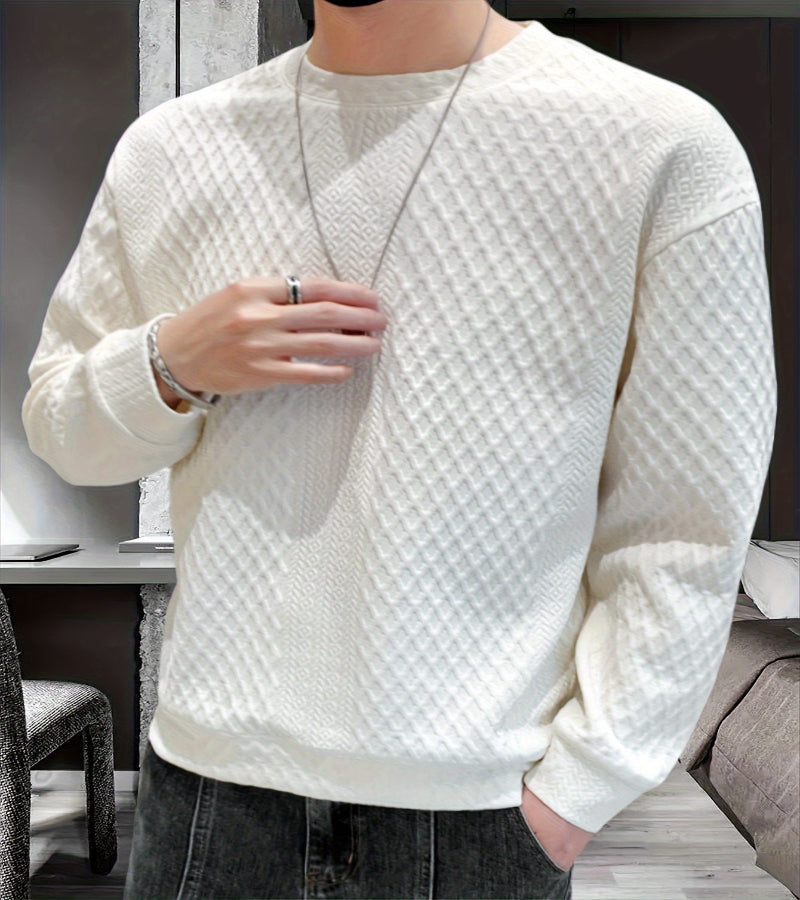 Camisa de malha casual masculino - manga comprida, gola redonda, texturizado