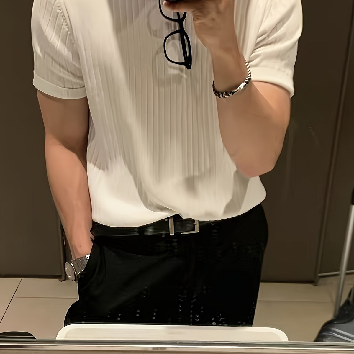 Camisa Suéter de malha masculino liso com gola redonda