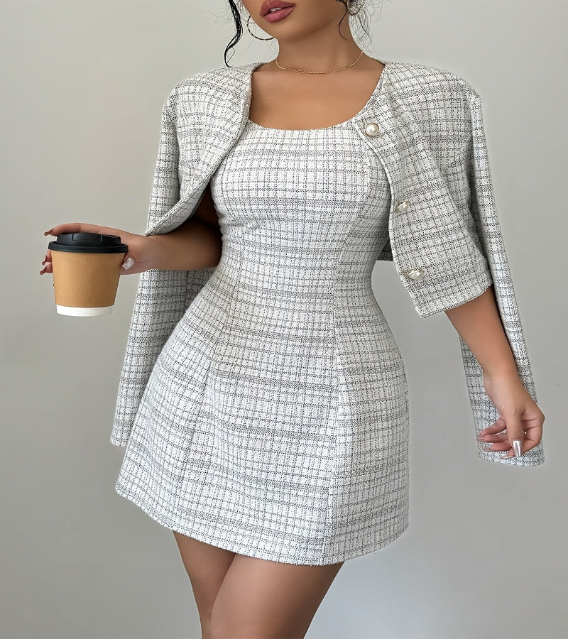 Vestido curto de duas peças em linha, Elegante terno xadrez