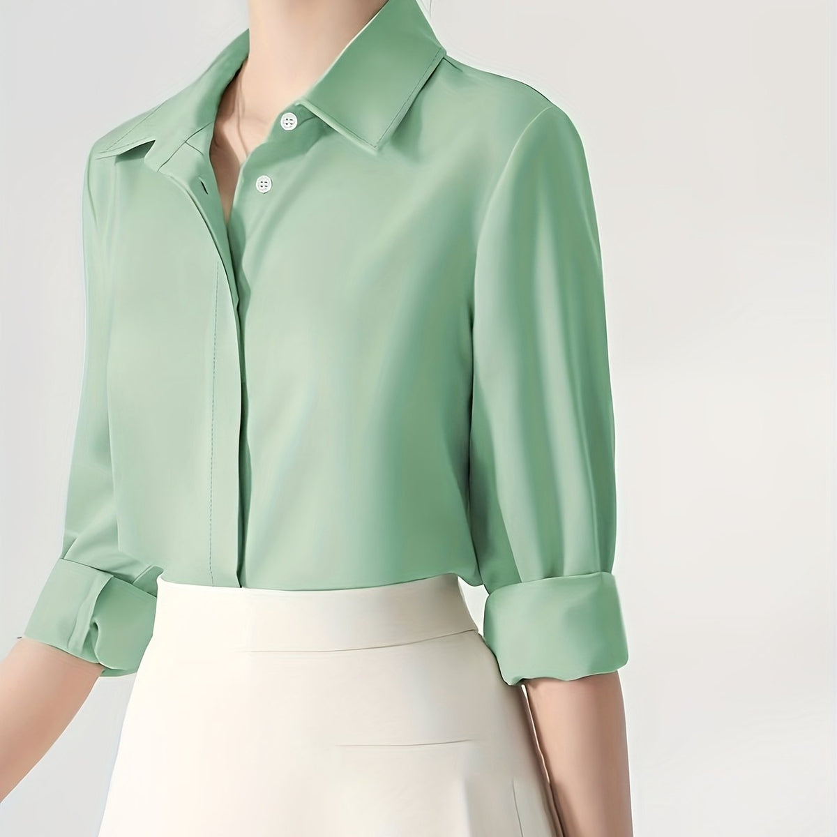 Camisa de botão frontal ,elegante de lapela de  manga comprida