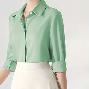 Camisa de botão frontal ,elegante de lapela de  manga comprida