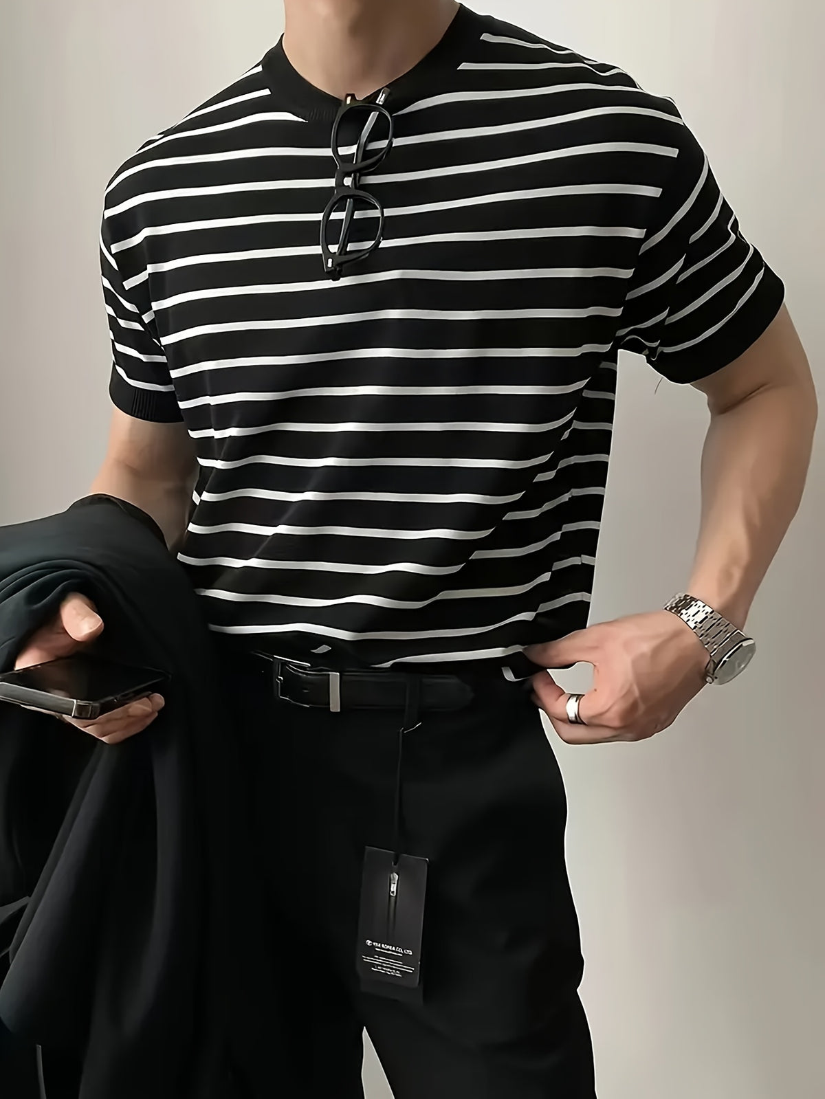Camisa de malha listrada, manga curta Cross-Border