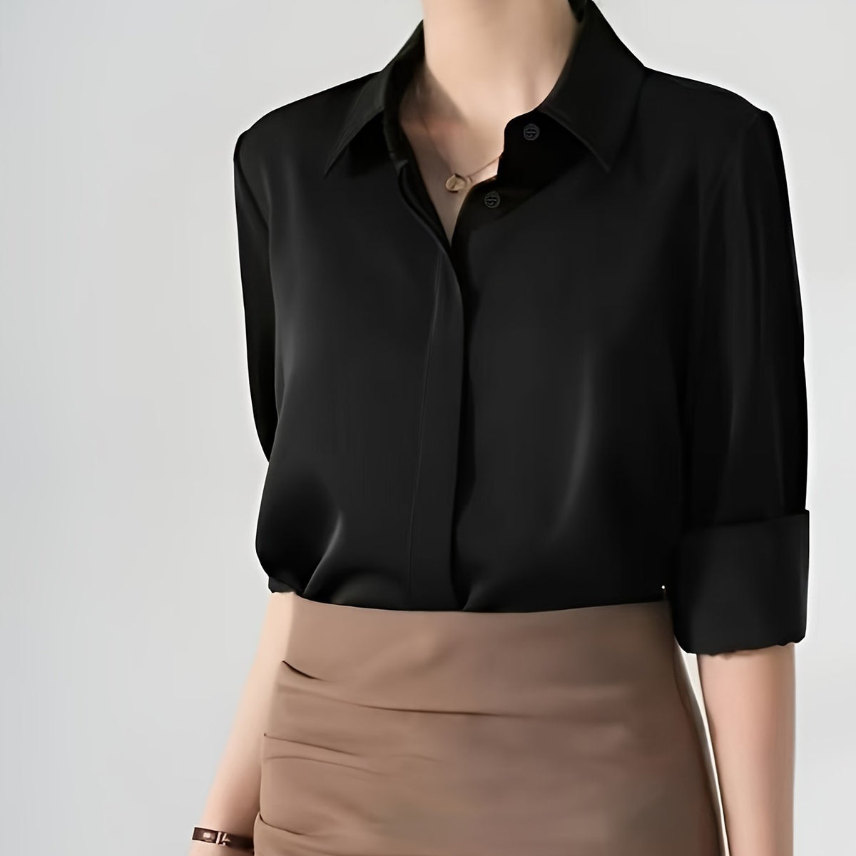 Camisa de botão frontal ,elegante de lapela de  manga comprida