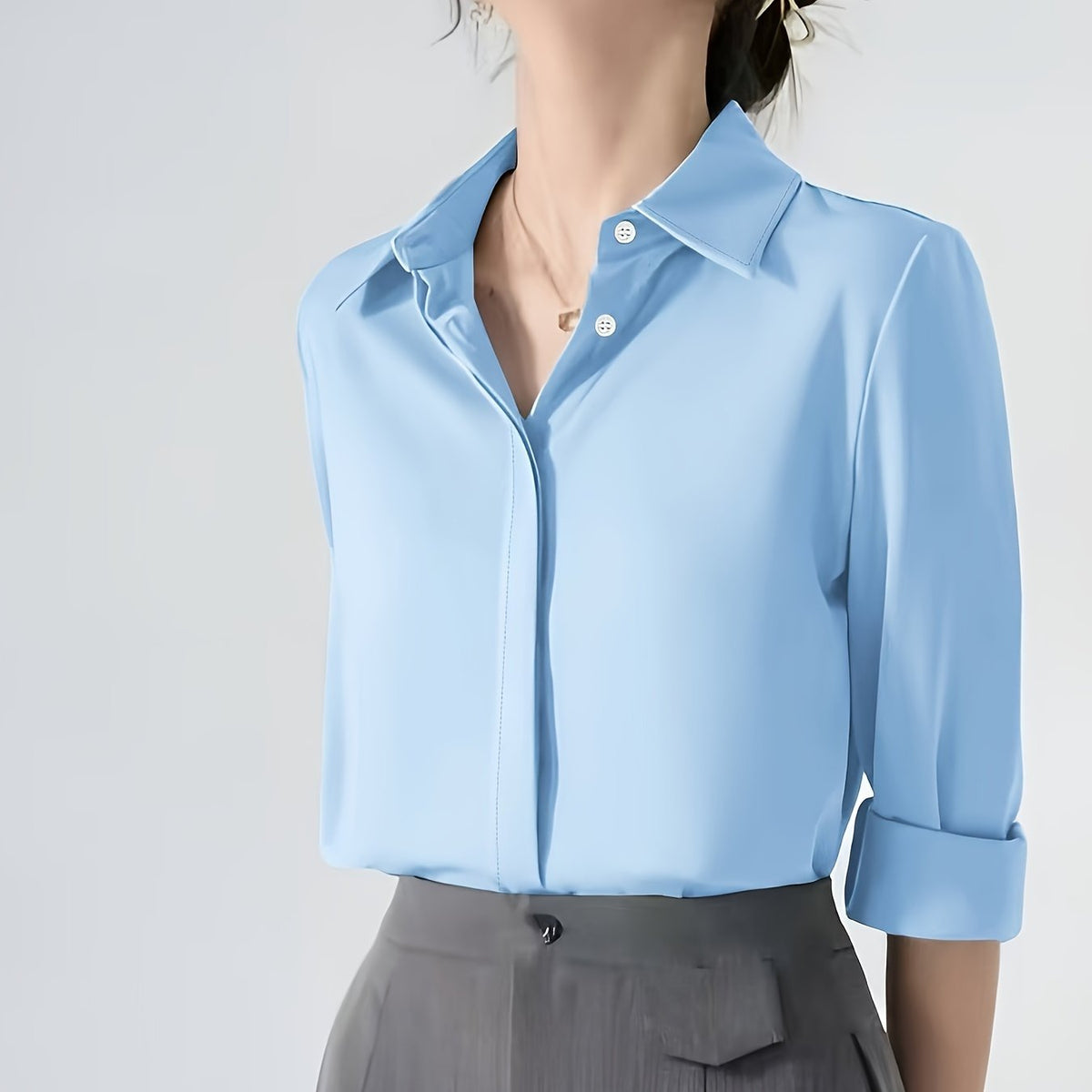 Camisa de botão frontal ,elegante de lapela de  manga comprida
