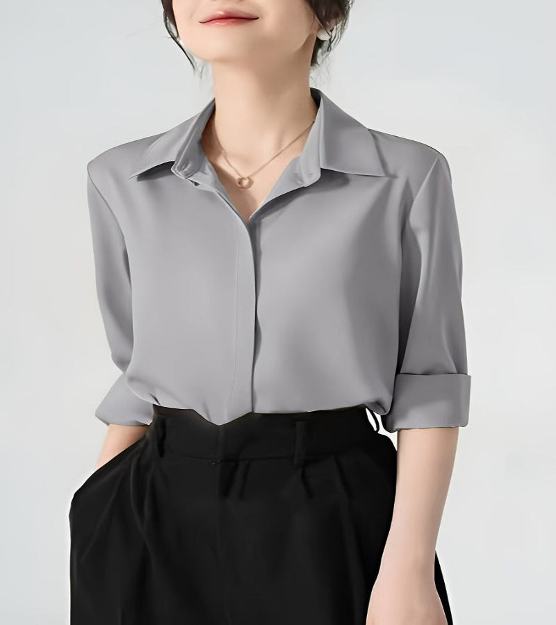 Camisa de botão frontal ,elegante de lapela de  manga comprida