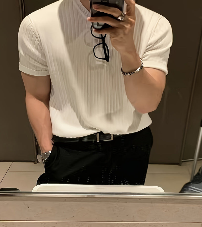 Camisa Suéter de malha masculino liso com gola redonda