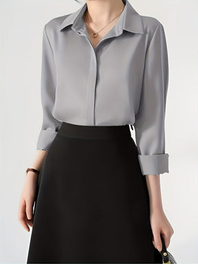 Camisa de botão frontal ,elegante de lapela de  manga comprida