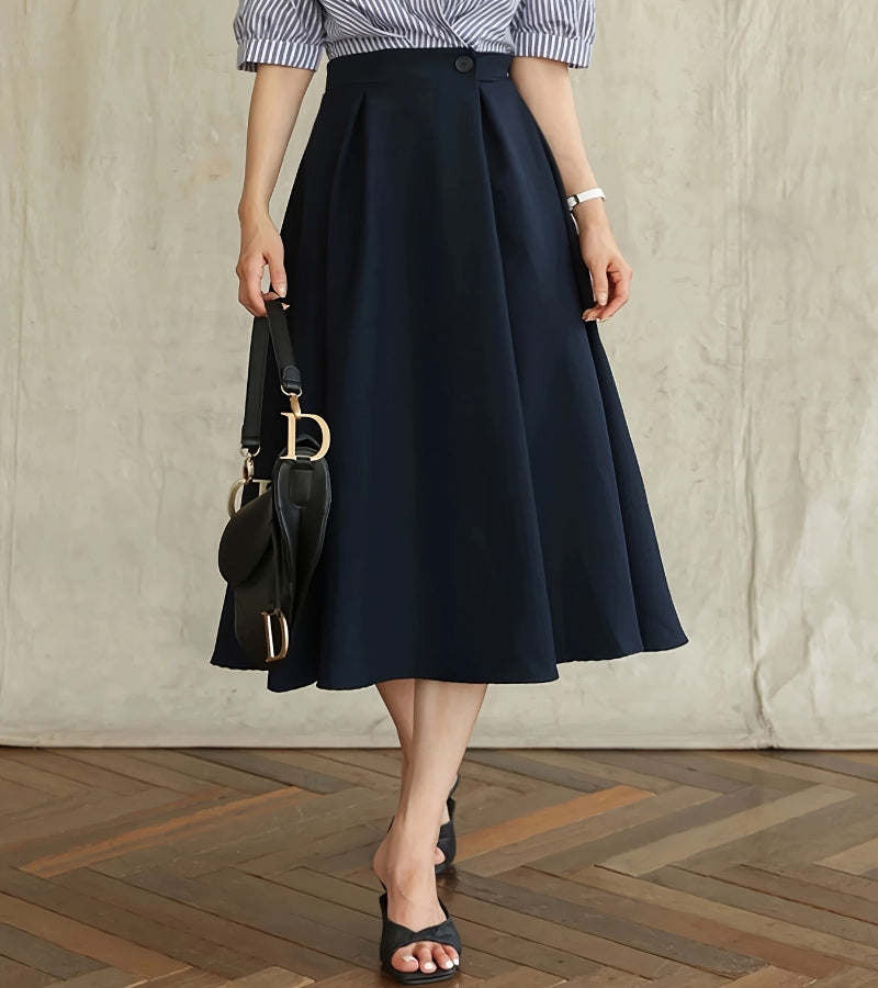 Saia Midi Evasê de Cintura Alta - Look Elegância Coreana