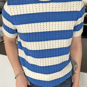 Camisa casual listrado, gola redonda, manga curta
