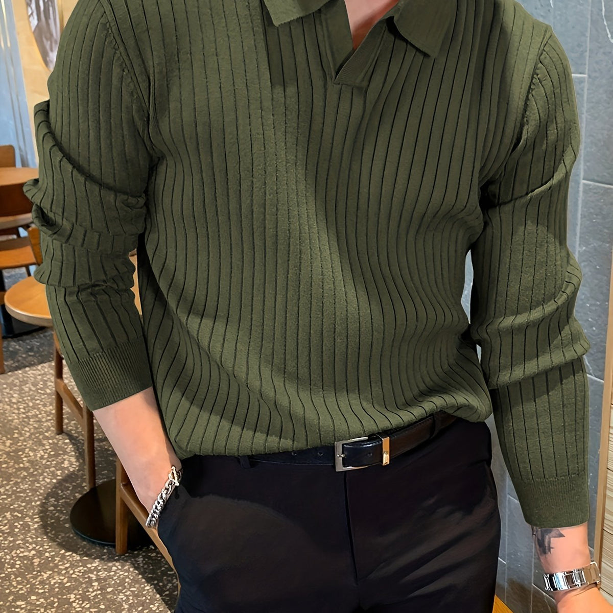 Camisa de malha suéter masculino casual com lapela e decote em V