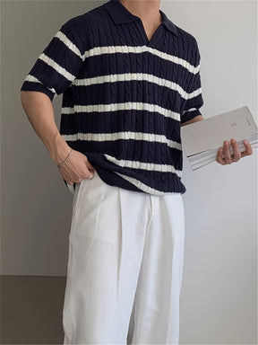 Camisa polo masculina de malha listrada, elegante e versátil